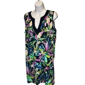 Lands End women’s relaxed fit casual shift dress tropical print pockets size XL